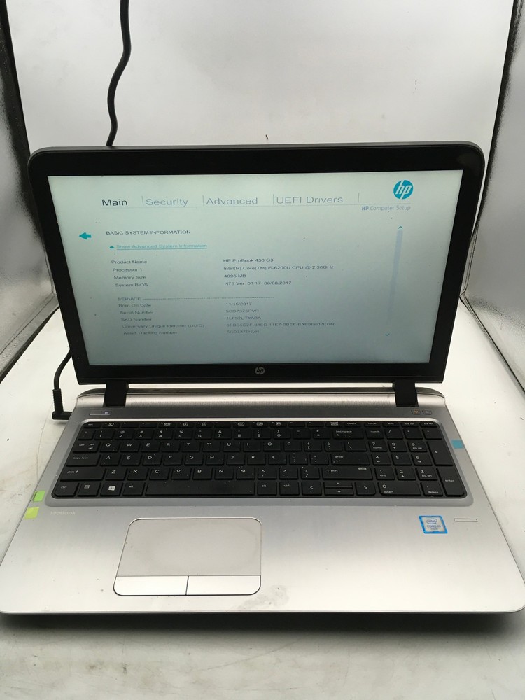 HP PROBOOK 450 G3 - BOOTS TO BIOS - INTEL I5 6200U - NO RAM - NO OS - READ - BB!