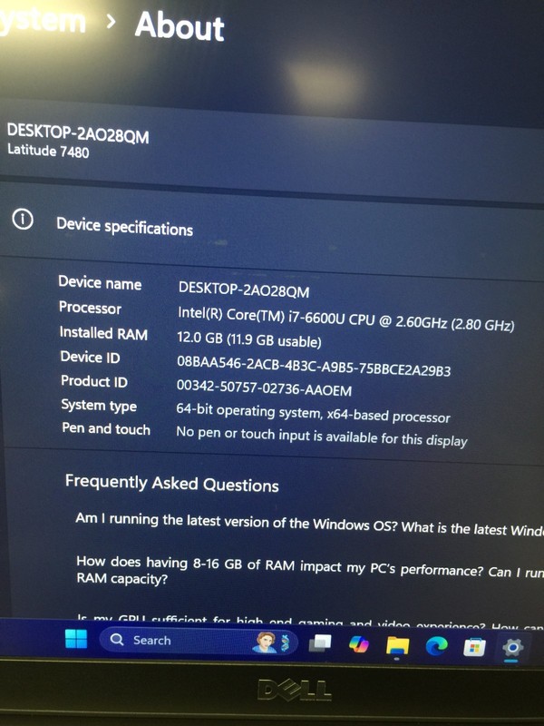 Dell Latitude 7480 14" 128 GB SSD Core i7 6th Gen 2.60 GHz, 12 GB RAM WIN 11 PRO gallery