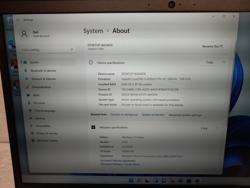 Dell Inspiron 15 7000 Intel Core i5-8265U 1.6GHz 8GB 1TB HD/SSD W11 NVIDIA MX250 gallery
