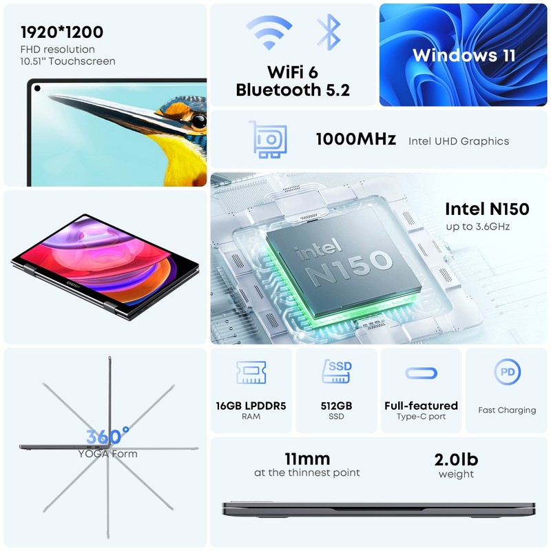 CHUWI 10.5''Minibook X Touchscreen Laptop 16GB RAM 512GB SSD Intel N150 gallery