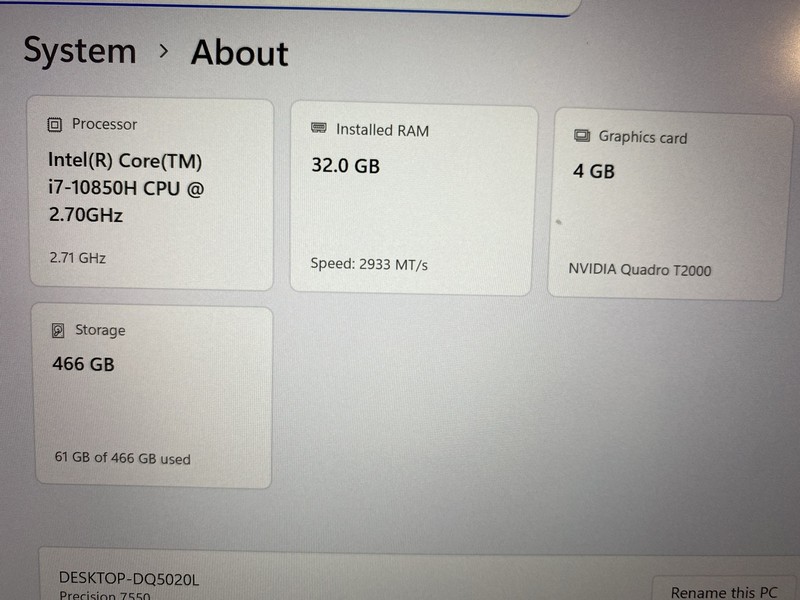 Dell Precision 7550 15.6 Intel i7-10850H 2.70GHz 32GB,500GB SSD Quadro T2000 gallery