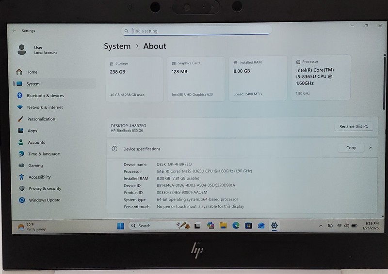 HP EliteBook 830 G6 Core i5-8365U @ 1.60GHz 8GB RAM 256GB SSD Windows 11 Pro gallery