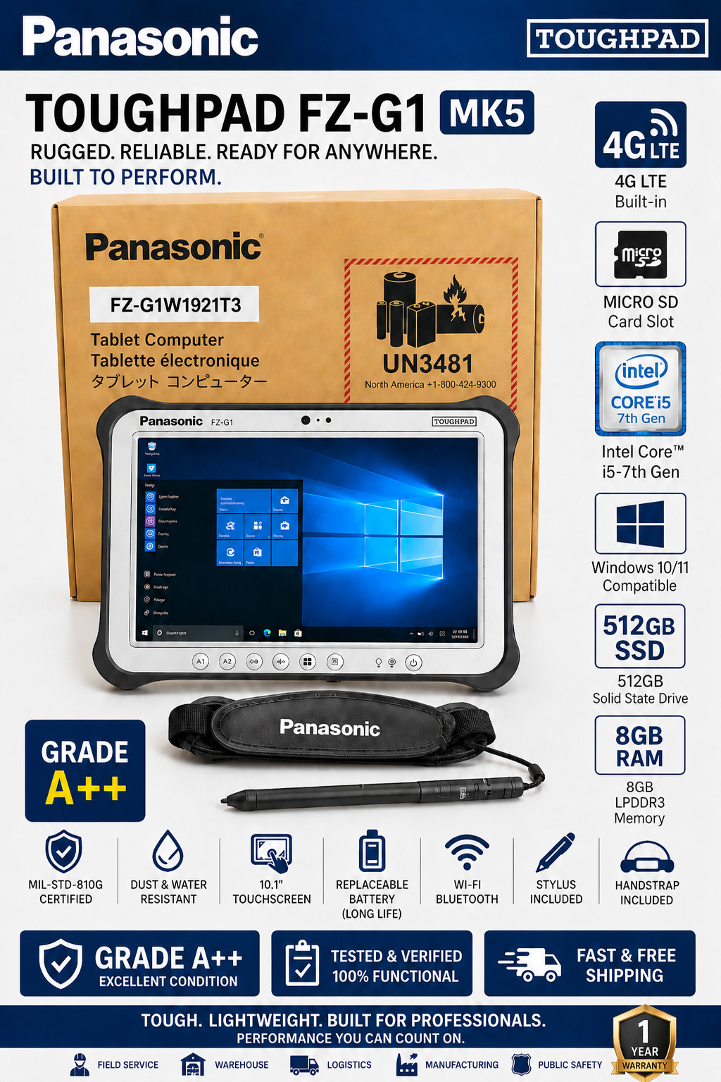 PANASONIC FZ-G1 MK5 10.1" WUXGA i5-7300U 512GB SSD 8GB 4G LTE MICRO SD READER gallery