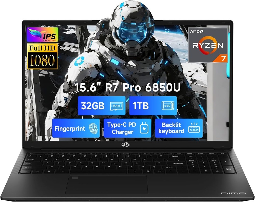 NIMO 15.6 Gaming Laptop, 8 Cores AMD Ryzen 7 Pro 6850U 32GB LPDDR5 RAM 1TB SSD