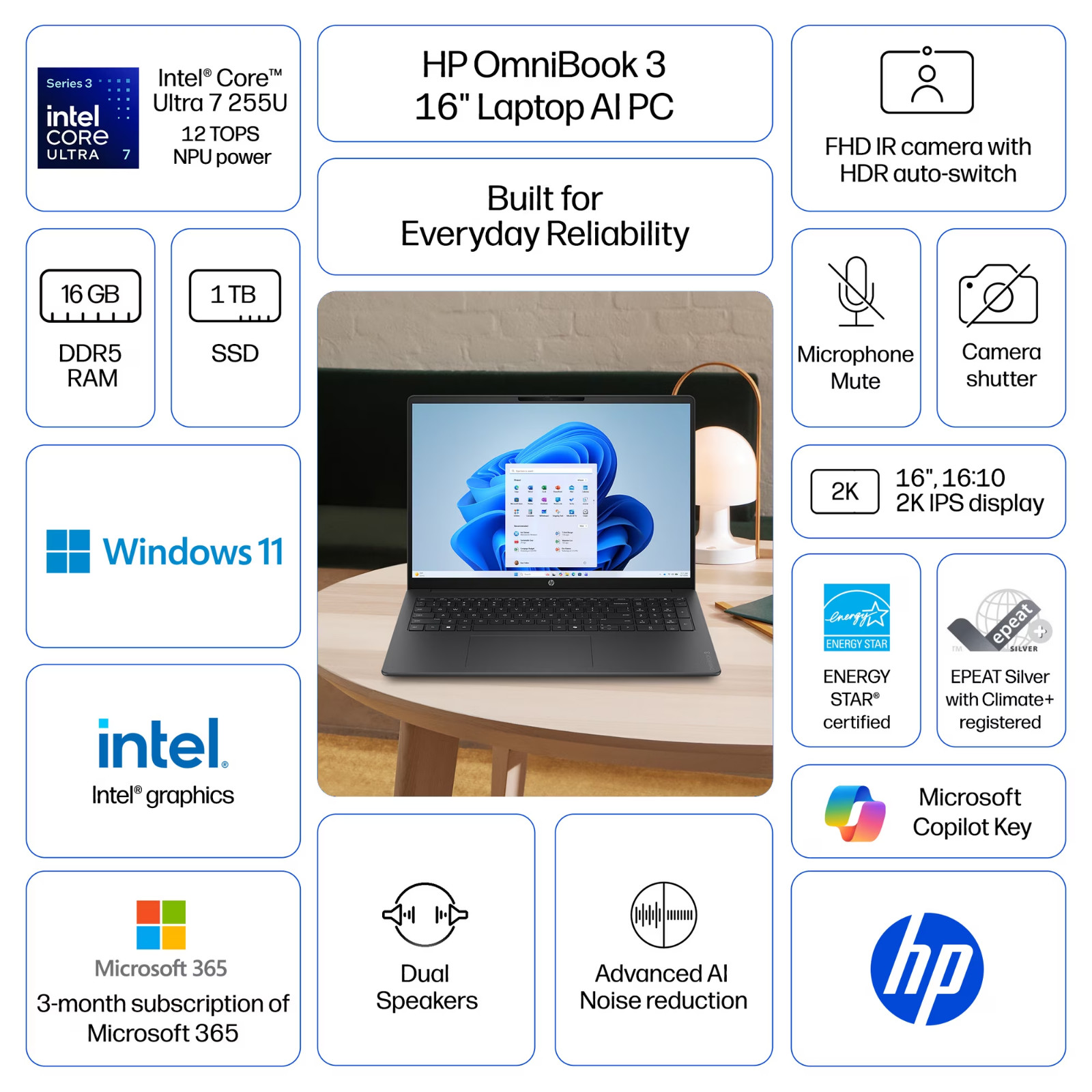 HP OmniBook 3 16 inch 2K IPS Windows Laptop AI PC Intel Core Ultra 7 255U 16GB gallery